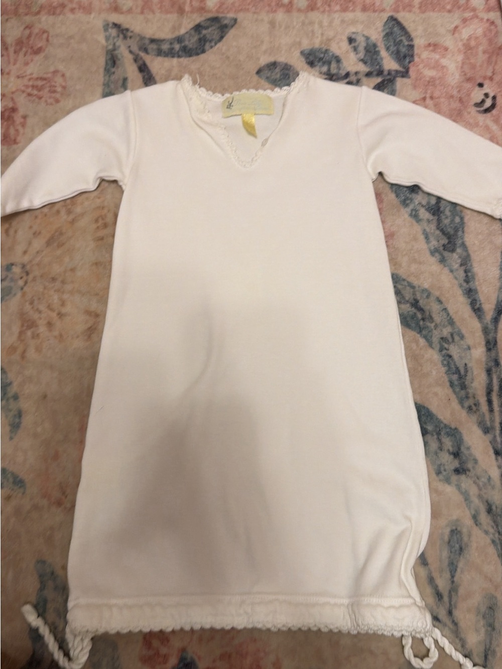 White Baby Gown with Lace Trim and Drawstring Hem